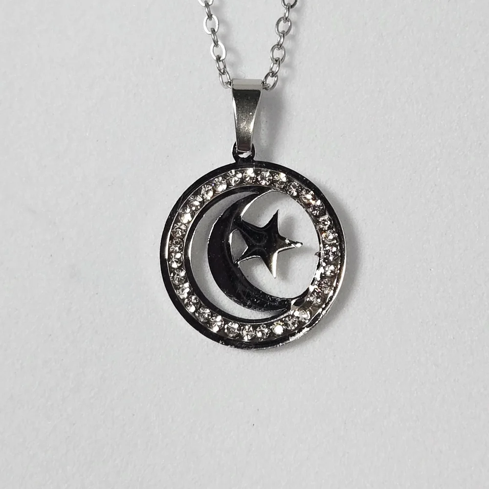 Crescent Moon Star Necklace Silver CZ Crystal Celestial Pendant Stainless Steel